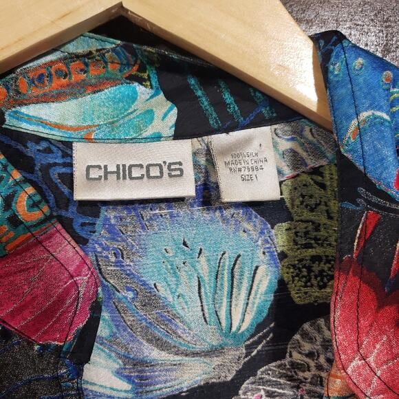 Vintage Chico's silk butterfly print open front blouse w tie accent sleeves sz M - Picture 2 of 10